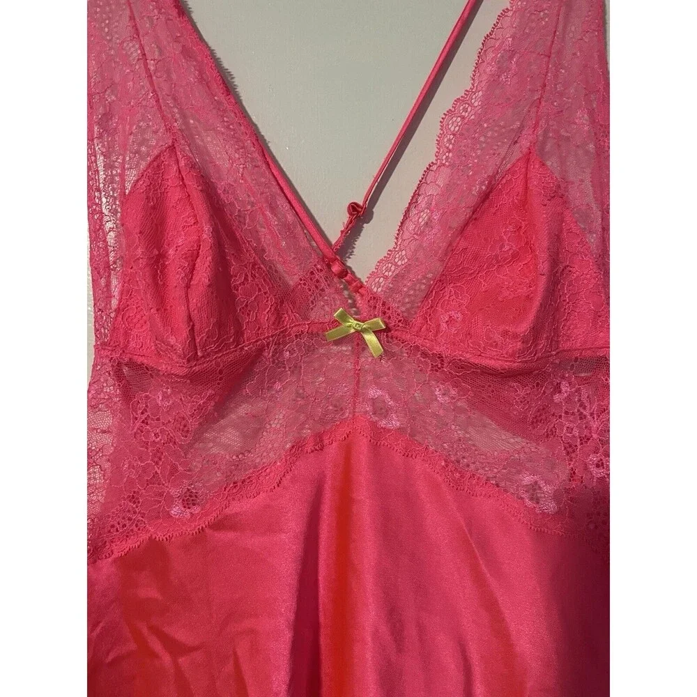 Victorias Secret Hot Pink Satin‎ Lace Slip Dress Crossback Negligee Bow